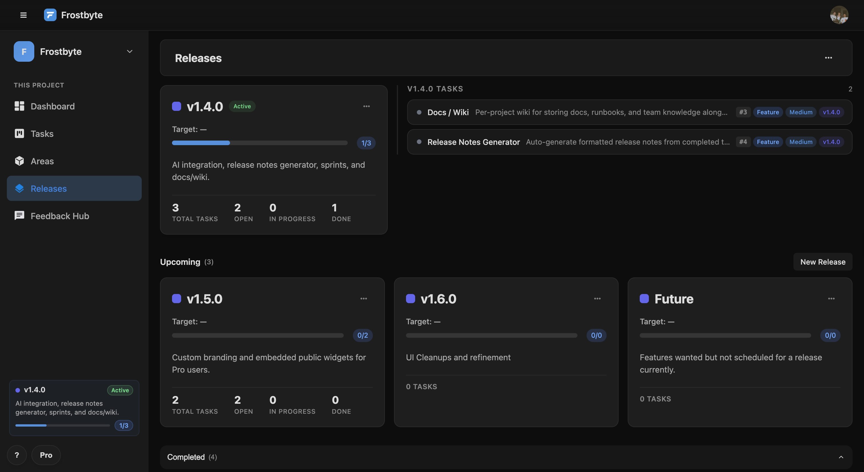 Redesigned releases page with active release hero