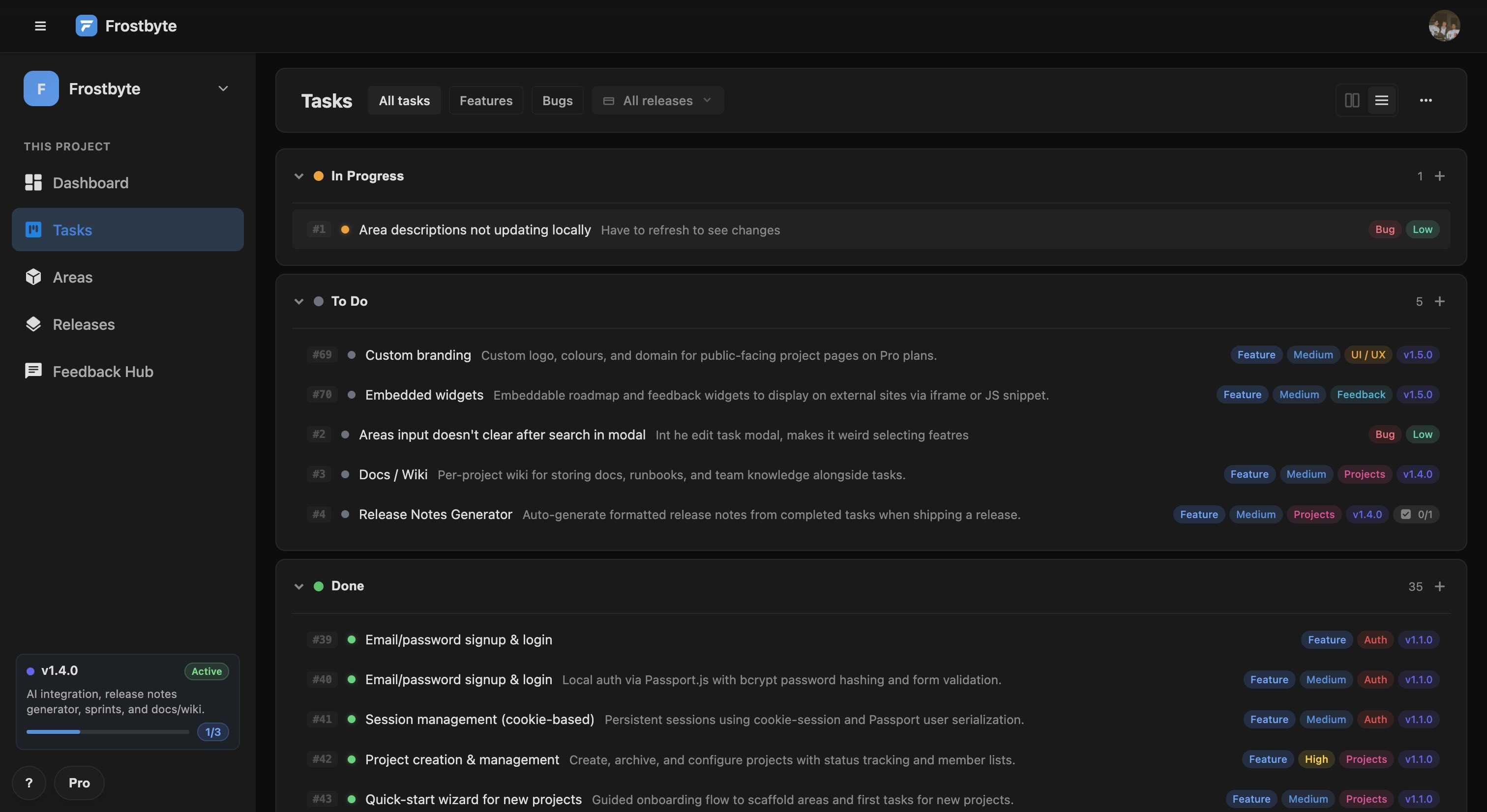 Task board with list view toggle and collapsible sections