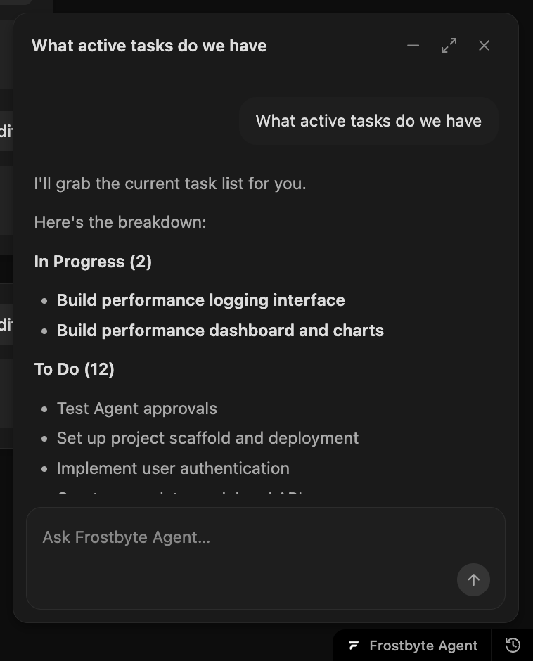 Frostbyte Agent panel listing in-progress and to-do tasks in a project
