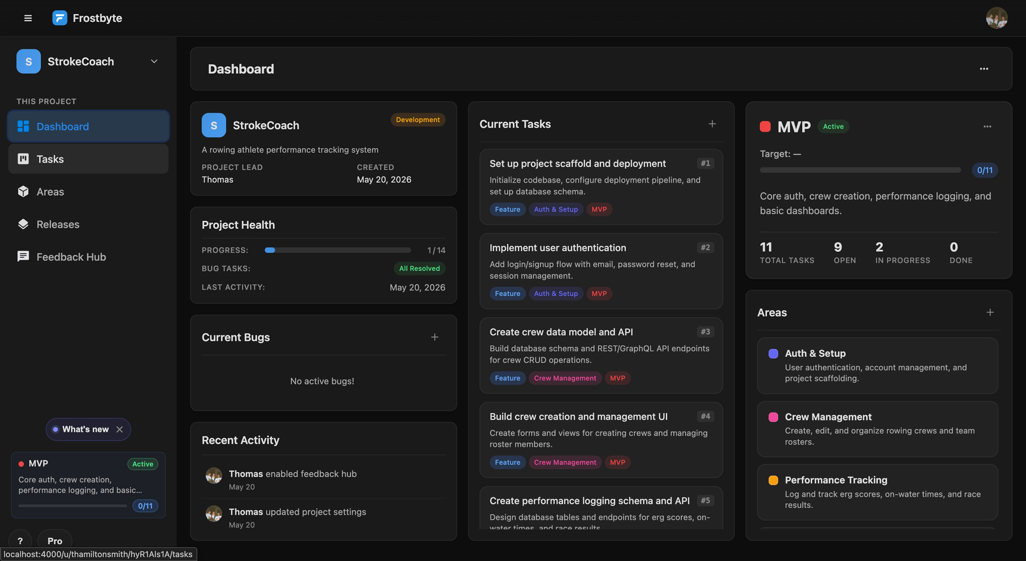 Project dashboard created from AI-generated starter areas, releases, and tasks