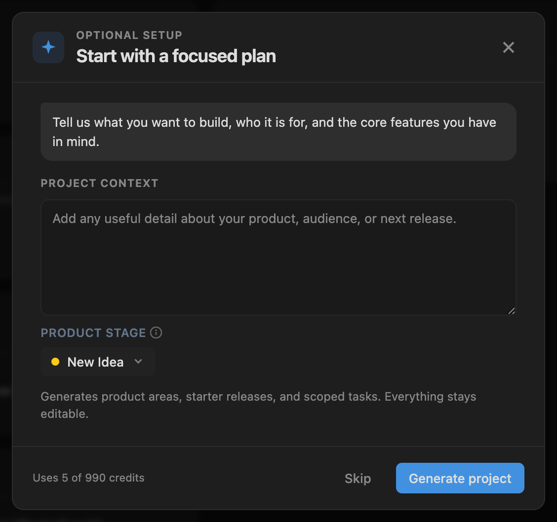 Optional AI setup modal for generating a focused project plan