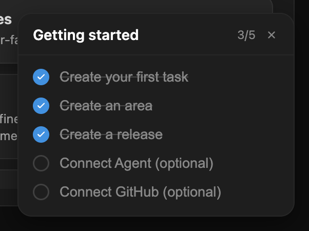 Getting started checklist showing completed setup steps