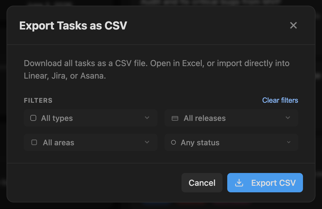Export Tasks as CSV modal with filters for task type, release, area, and status