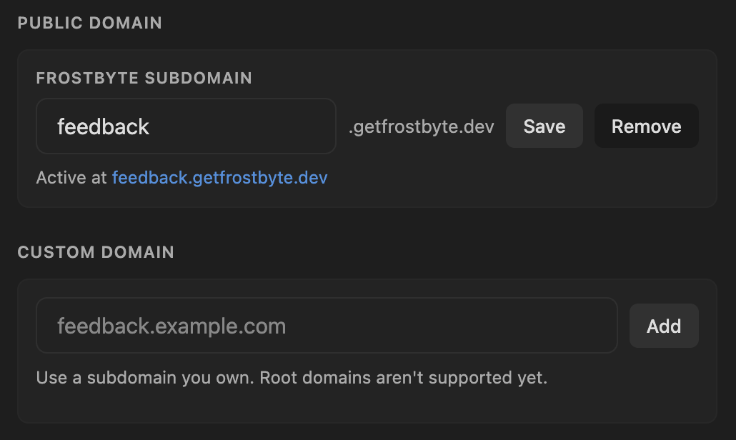 Feedback Hub domain settings with a Frostbyte subdomain and a custom domain field