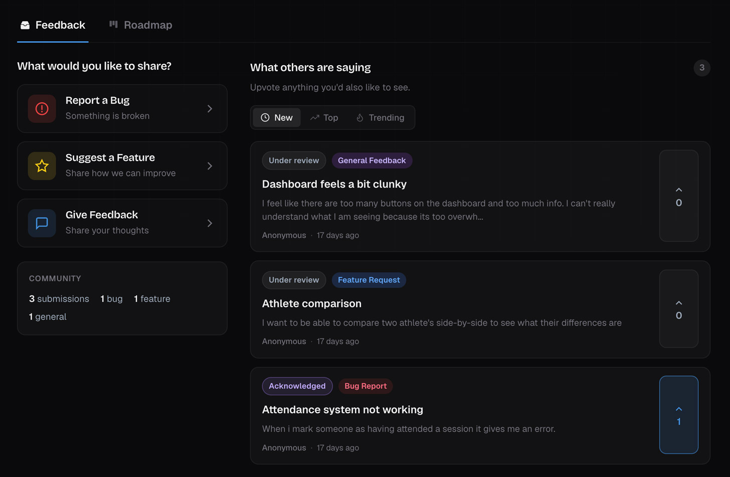 Public Feedback Hub with feedback cards and voting controls