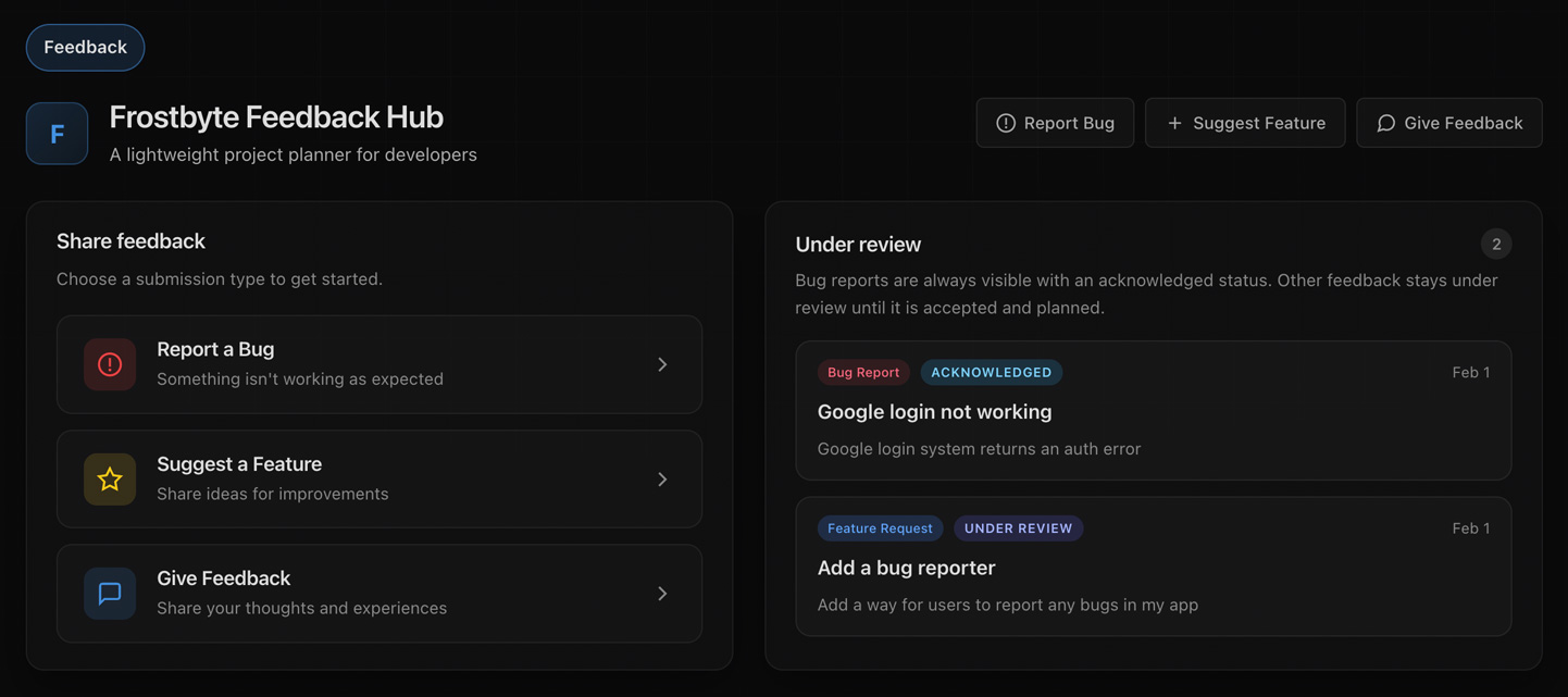 Feedback Hub portal for collecting user feedback