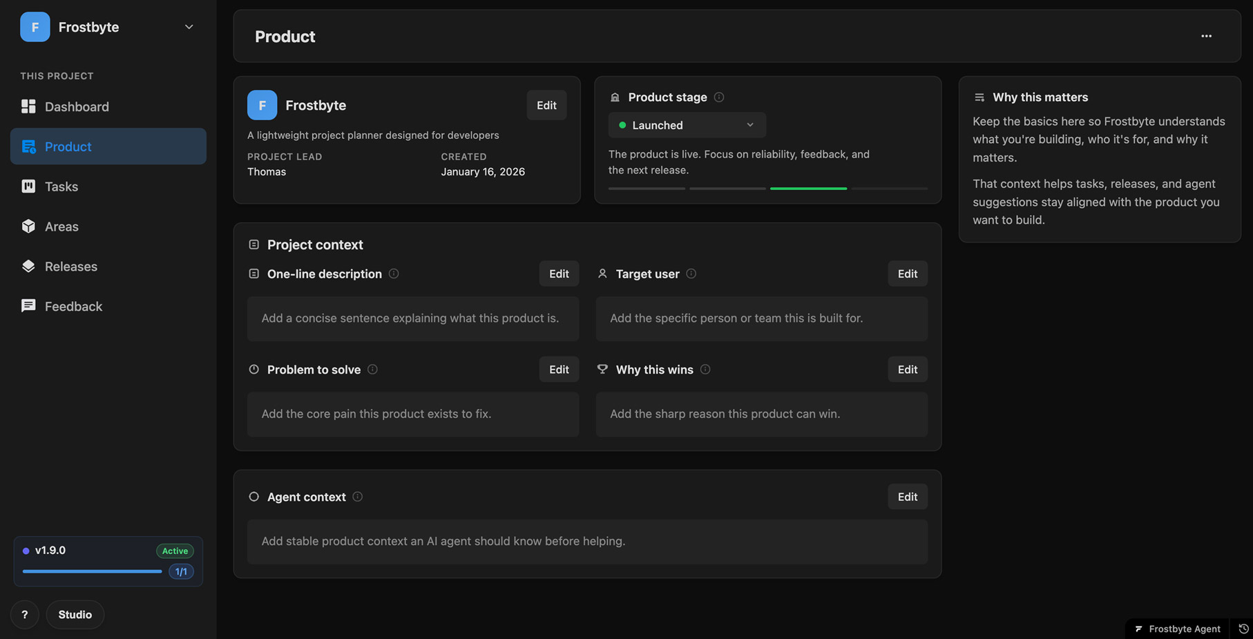 The new Product page showing product stage and project context fields
